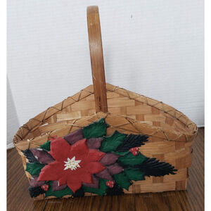 Vintage Christmas Woven 12 Inch Basket With Hand Painted Red Poinsettia